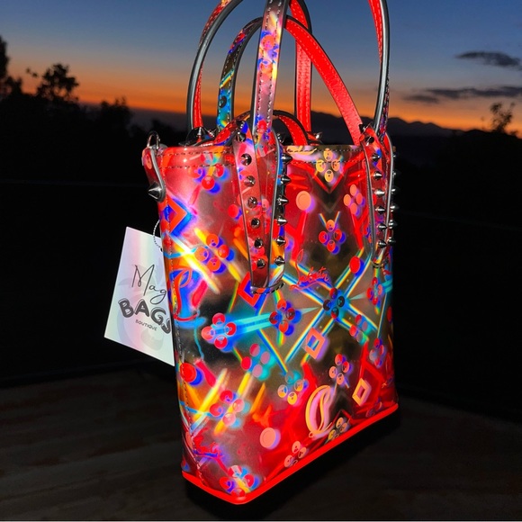 Louboutin: Holographic Patent Cabata Spiked Leather Mini Tote Crossbody Bag - Picture 12 of 17